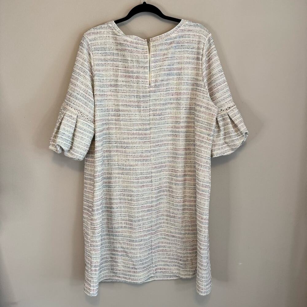 Loft Women's Cream Striped Bubble Sleeve Pocketed Shift Mini Dress Size 16/18 - Picture 7 of 9